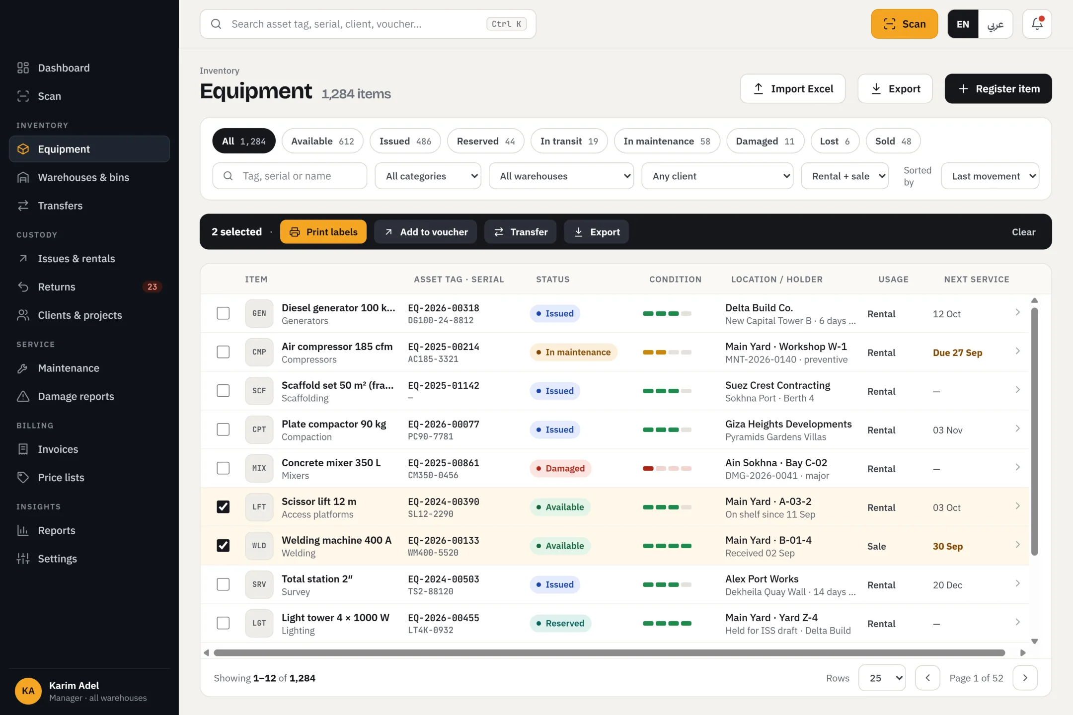 WEMS equipment register with status filters, condition indicators and bulk label printing