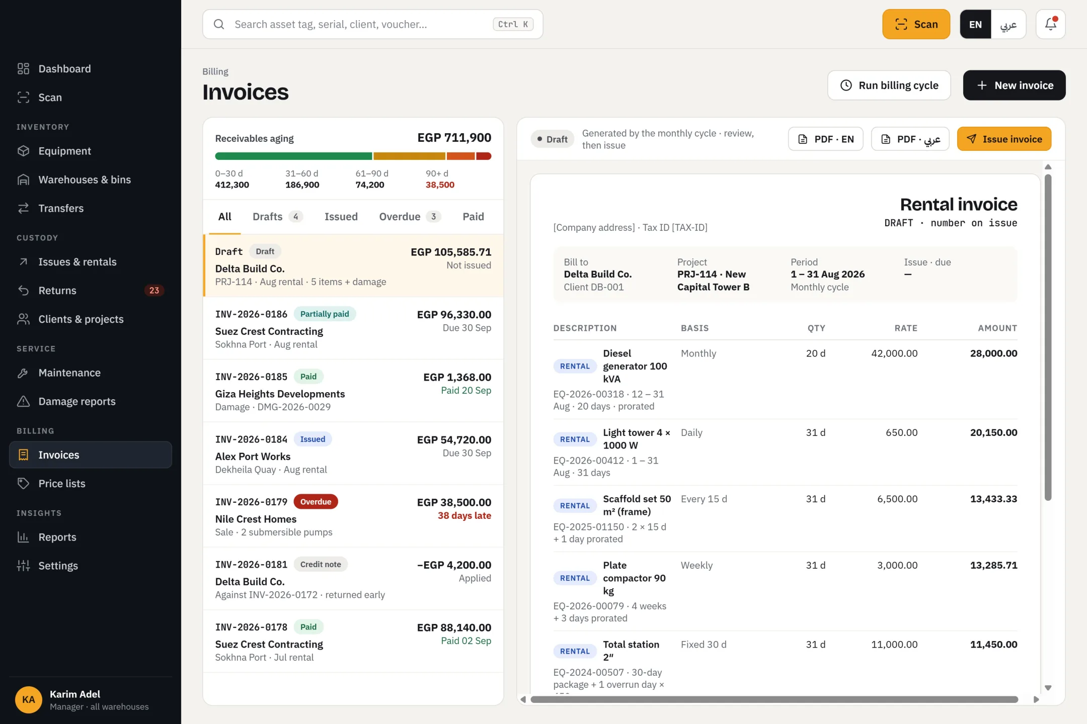 WEMS invoices screen with receivables aging and a rental invoice preview